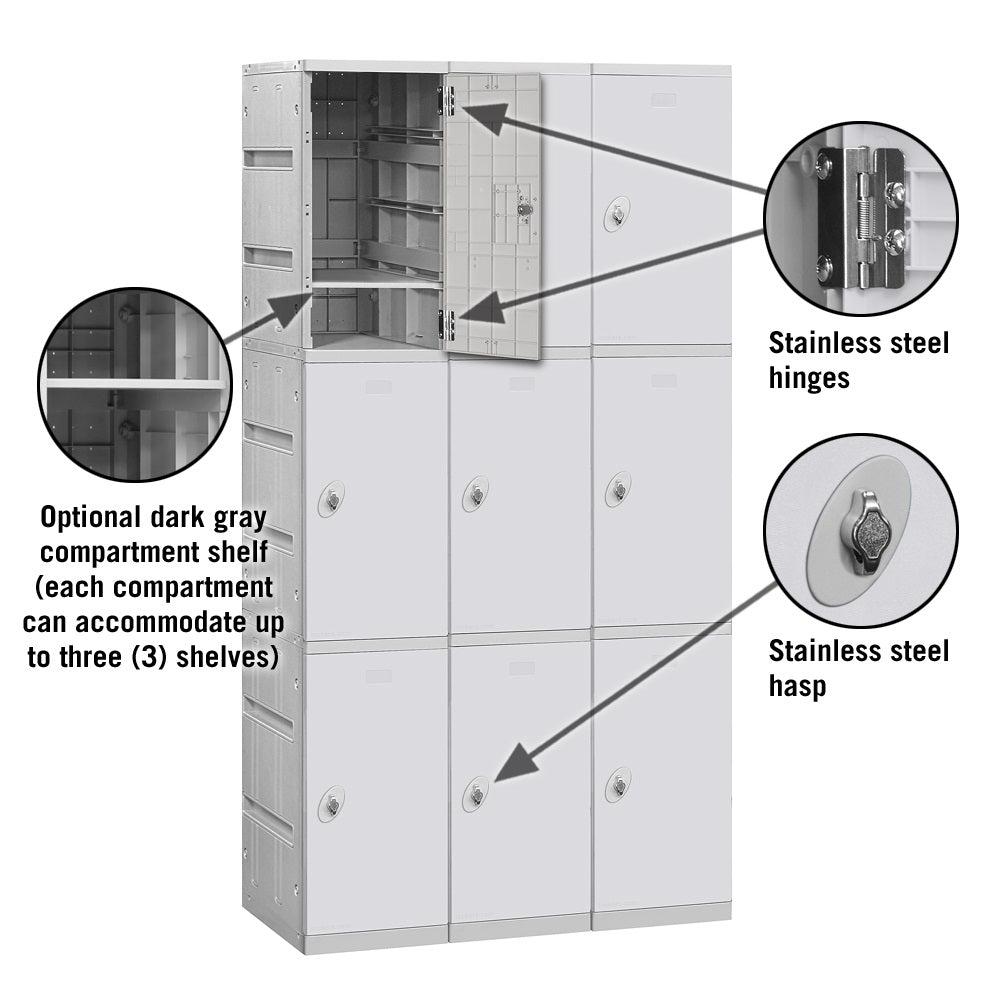 12" Wide Triple Tier ABS Plastic Locker, 3 Wide, 6 Feet High, 18 Inches Deep, Gray, Assembled
