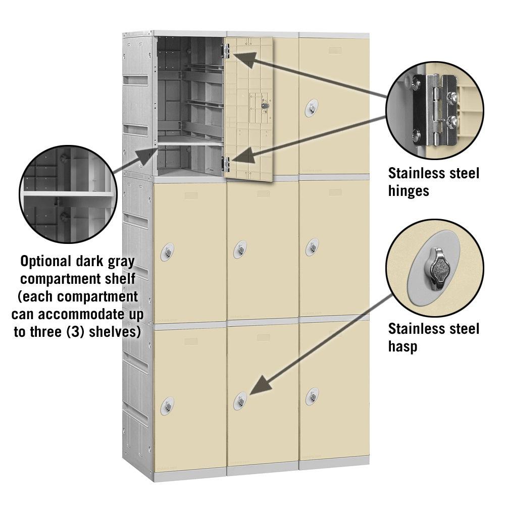12" Wide Triple Tier ABS Plastic Locker, 3 Wide, 6 Feet High, 18 Inches Deep, Tan, Assembled
