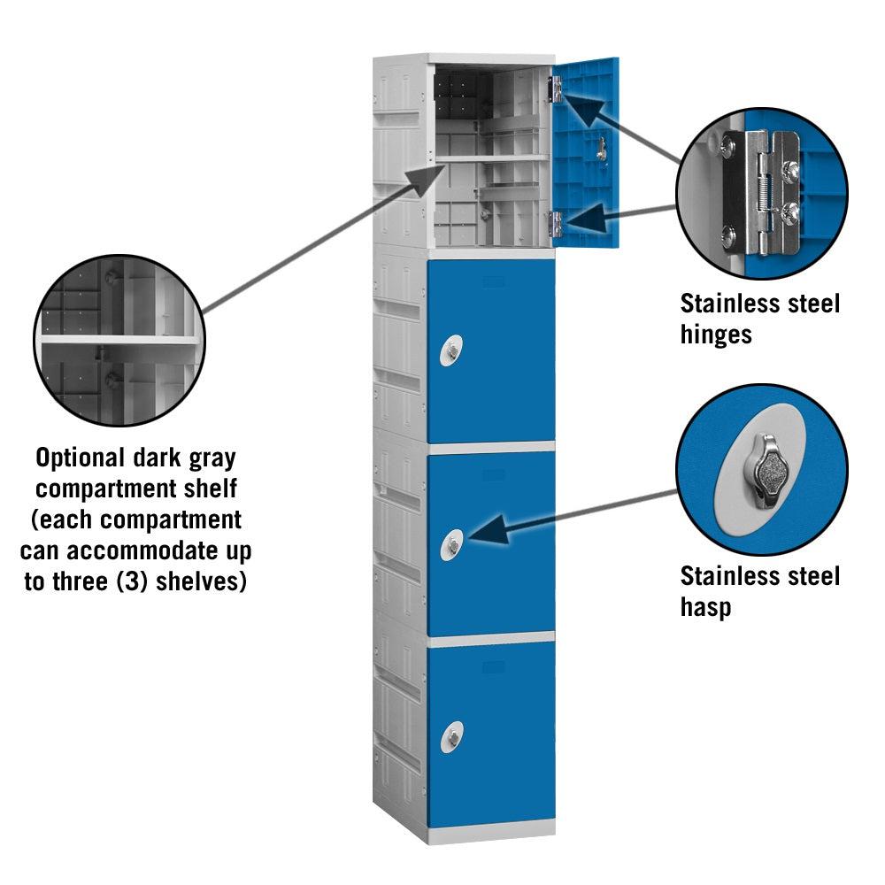 12" Wide Four Tier ABS Plastic Locker, 1 Wide, 6 Feet High, 18 Inches Deep, Blue, Assembled