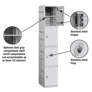 12" Wide Four Tier ABS Plastic Locker, 1 Wide, 6 Feet High, 18 Inches Deep, Gray, Assembled
