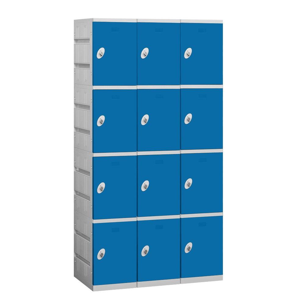 12" Wide Four Tier ABS Plastic Locker, 3 Wide, 6 Feet High, 18 Inches Deep, Blue, Assembled