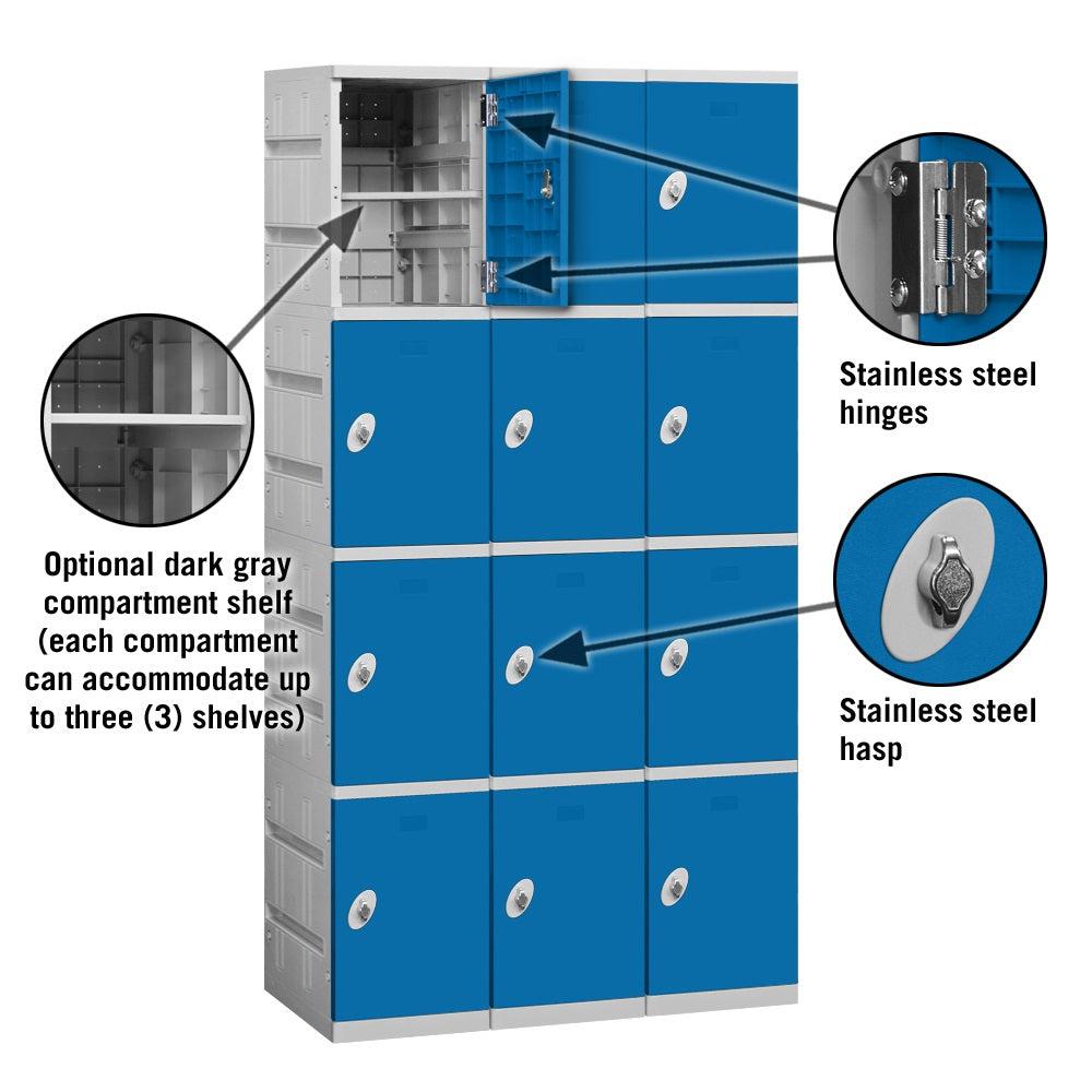 12" Wide Four Tier ABS Plastic Locker, 3 Wide, 6 Feet High, 18 Inches Deep, Blue, Assembled