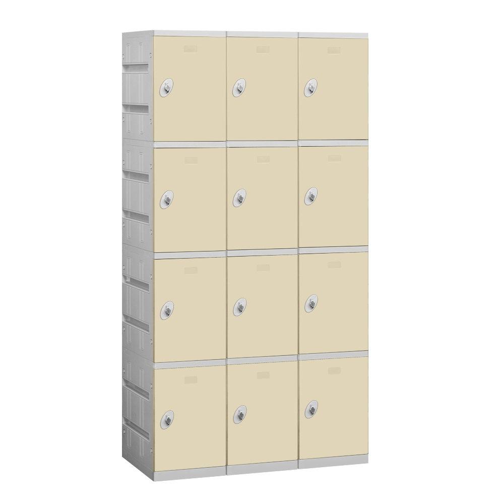 12" Wide Four Tier ABS Plastic Locker, 3 Wide, 6 Feet High, 18 Inches Deep, Tan, Assembled