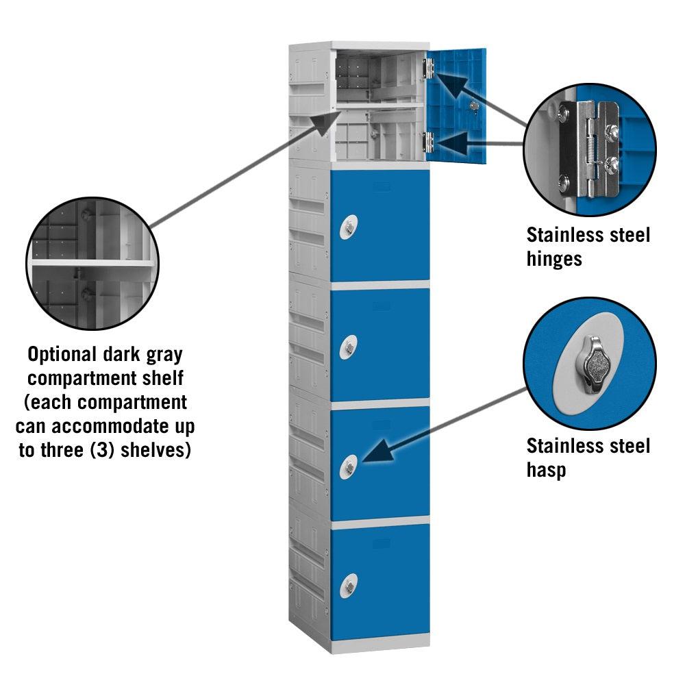 12" Wide Five Tier ABS Plastic Locker, 1 Wide, 6 Feet High, 18 Inches Deep, Blue, Assembled