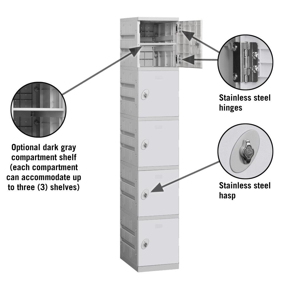 12" Wide Five Tier ABS Plastic Locker, 1 Wide, 6 Feet High, 18 Inches Deep, Gray, Assembled