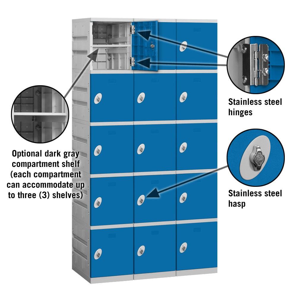 12" Wide Five Tier ABS Plastic Locker, 3 Wide, 6 Feet High, 18 Inches Deep, Blue, Assembled