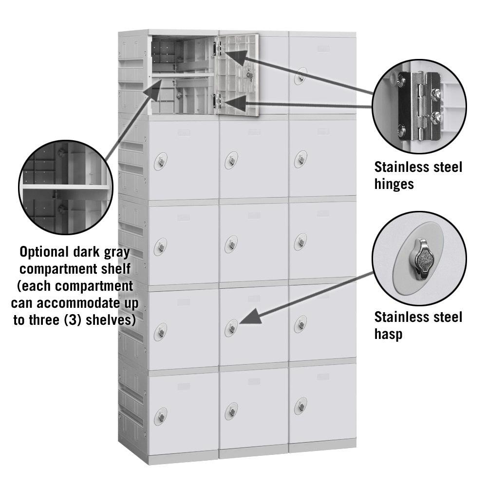 12" Wide Five Tier ABS Plastic Locker, 3 Wide, 6 Feet High, 18 Inches Deep, Gray, Assembled