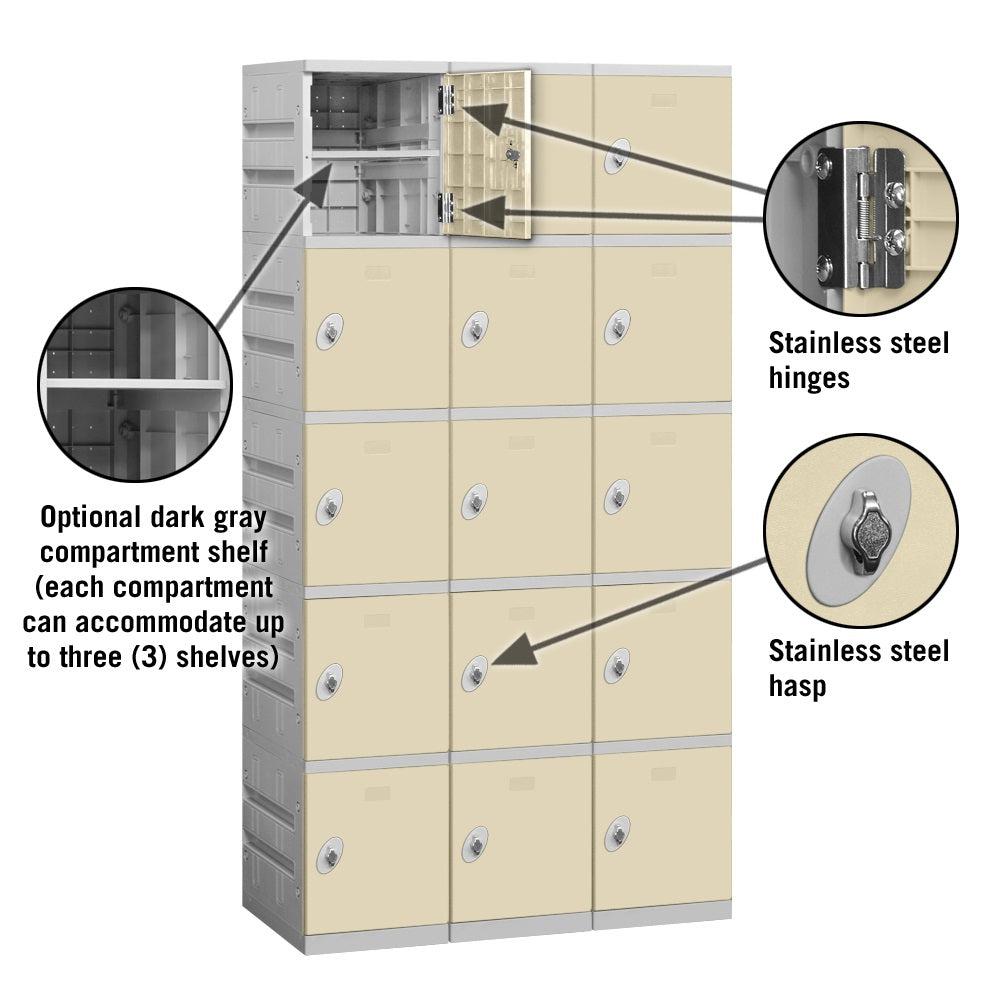 12" Wide Five Tier ABS Plastic Locker, 3 Wide, 6 Feet High, 18 Inches Deep, Tan, Assembled