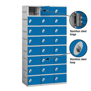 12" Wide Eight Tier ABS Plastic Locker, 3 Wide, 6 Feet High, 18 Inches Deep, Blue, Assembled