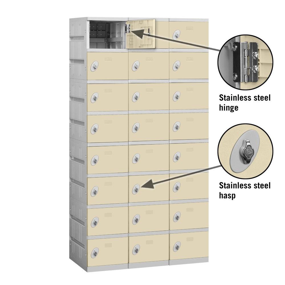 12" Wide Eight Tier ABS Plastic Locker, 3 Wide, 6 Feet High, 18 Inches Deep, Tan, Assembled