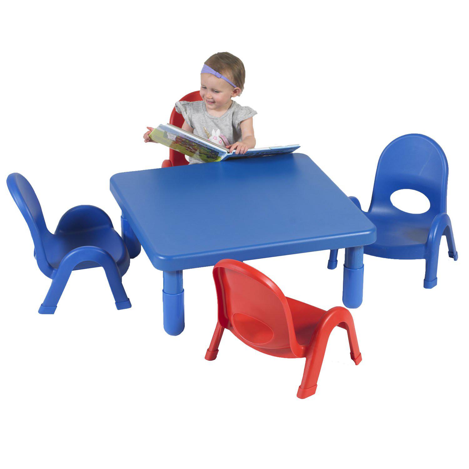 Toddler MyValue™ Table and Chair Set - 28" Square x 12"-High Royal Blue Table with 2 Royal Blue and 2 Candy Apple Red 5"-High Chairs