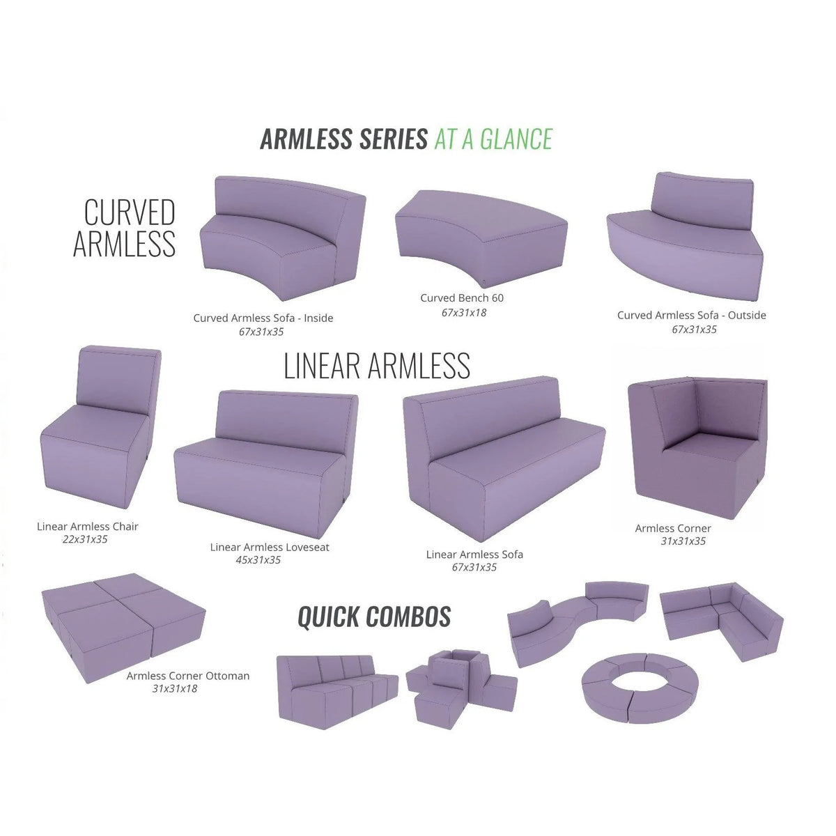 Fomcore Armless Series Curved Loveseat with 100% ALL-FOAM CORE, Antibacterial Vinyl Upholstery, LIFETIME WARRANTY, FREE SHIPPING