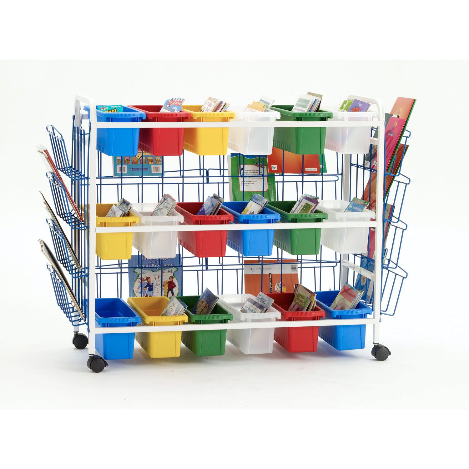 Deluxe Leveled Reading Book Browser Cart with 18 Small Open Tubs, Book Rack and Side Racks