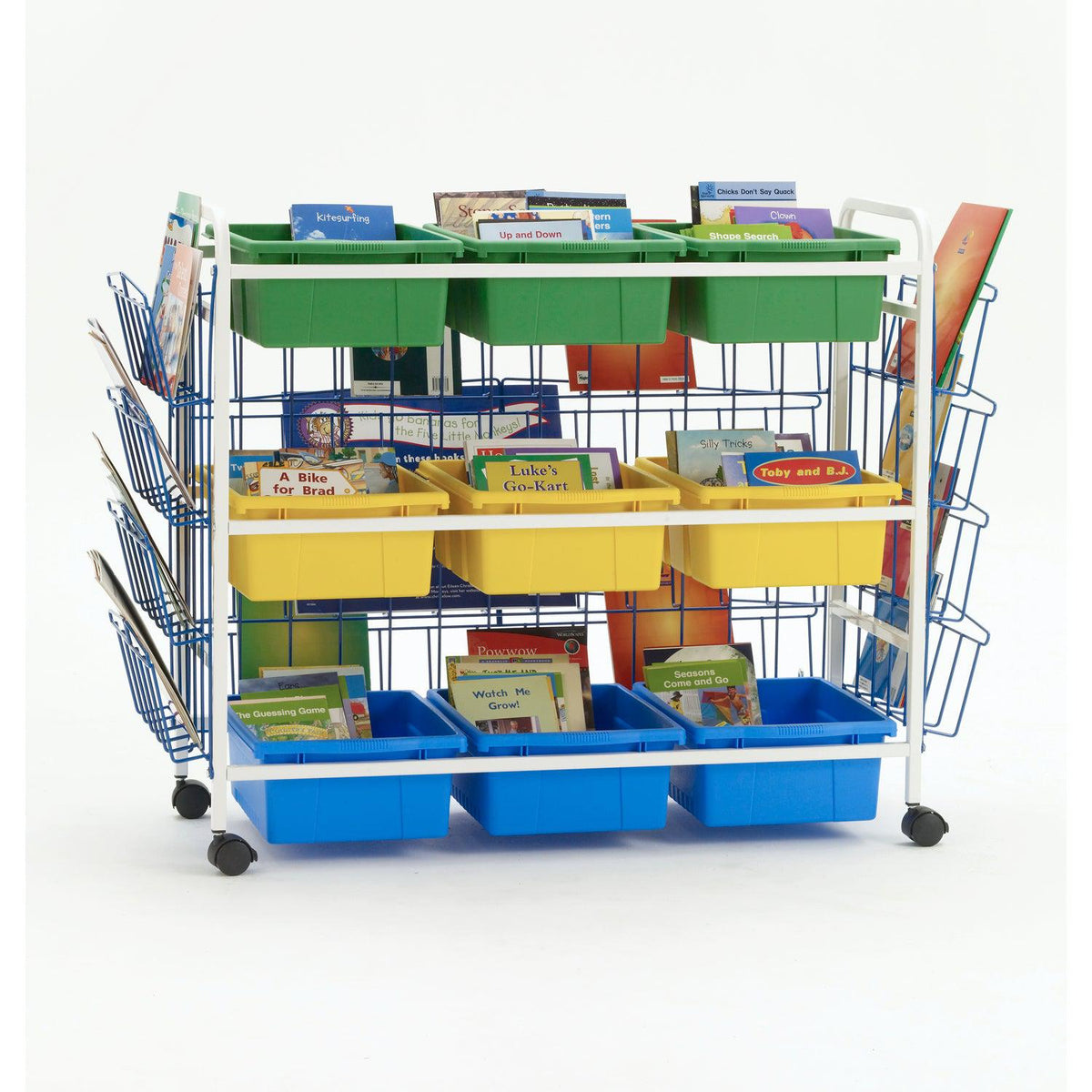 Deluxe Leveled Reading Book Browser Cart with 9 Tubs, Side Racks and B ...