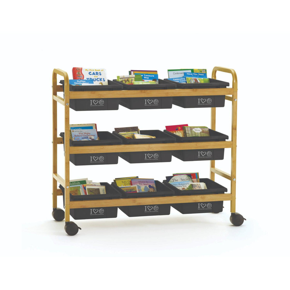 Bamboo Book Browser Cart with Nine Tubs, 100% Recycled Tubs