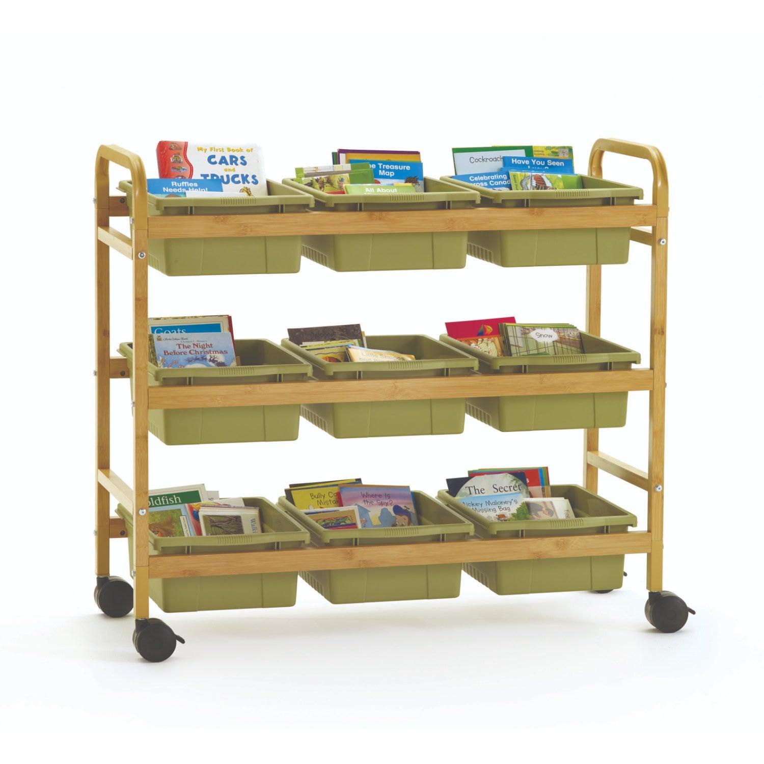 Bamboo Book Browser Cart with Nine Tubs, Sage Tubs