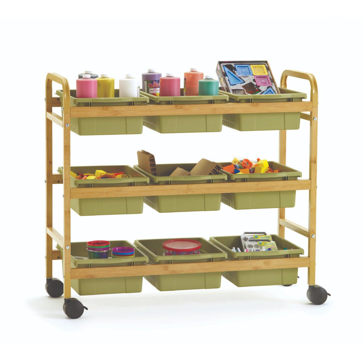 Bamboo Book Browser Cart with Nine Tubs, Sage Tubs