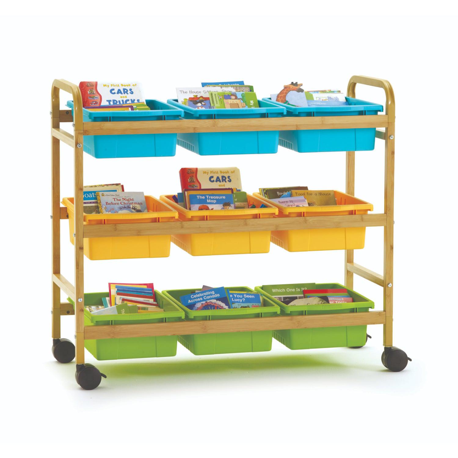 Bamboo Book Browser Cart with Nine Tubs, Vibrant Cool Tub Combo