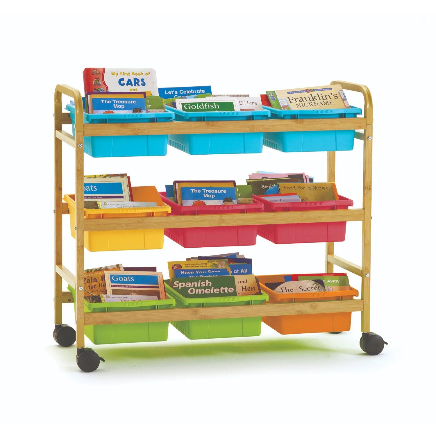 Bamboo Book Browser Cart with Nine Tubs, Vibrant Tub Combo