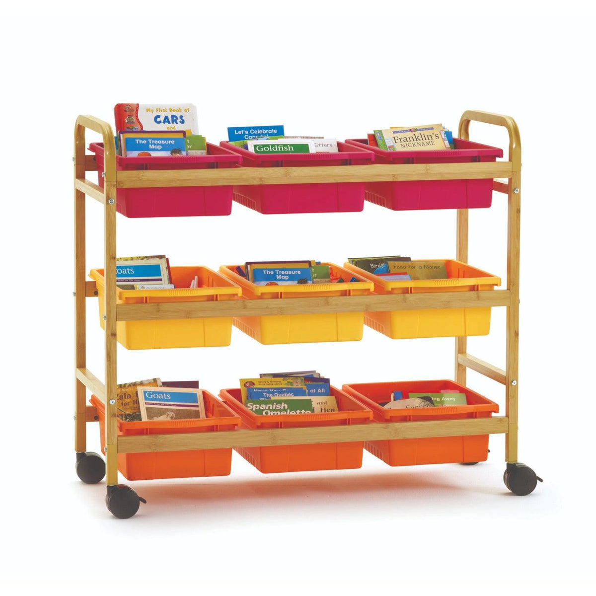 Bamboo Book Browser Cart with Nine Tubs, Vibrant Warm Tub Combo