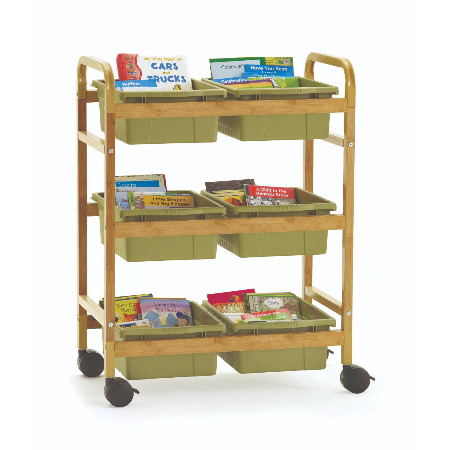 Small Bamboo Book Browser Cart with Six Tubs, Sage Tubs