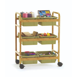 Small Bamboo Book Browser Cart with Six Tubs, Sage Tubs