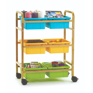 Small Bamboo Book Browser Cart with Six Tubs, Vibrant Cool Tub Combo