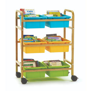 Small Bamboo Book Browser Cart with Six Tubs, Vibrant Cool Tub Combo