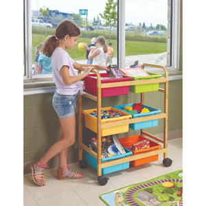 Small Bamboo Book Browser Cart with Six Tubs, Vibrant Tub Combo
