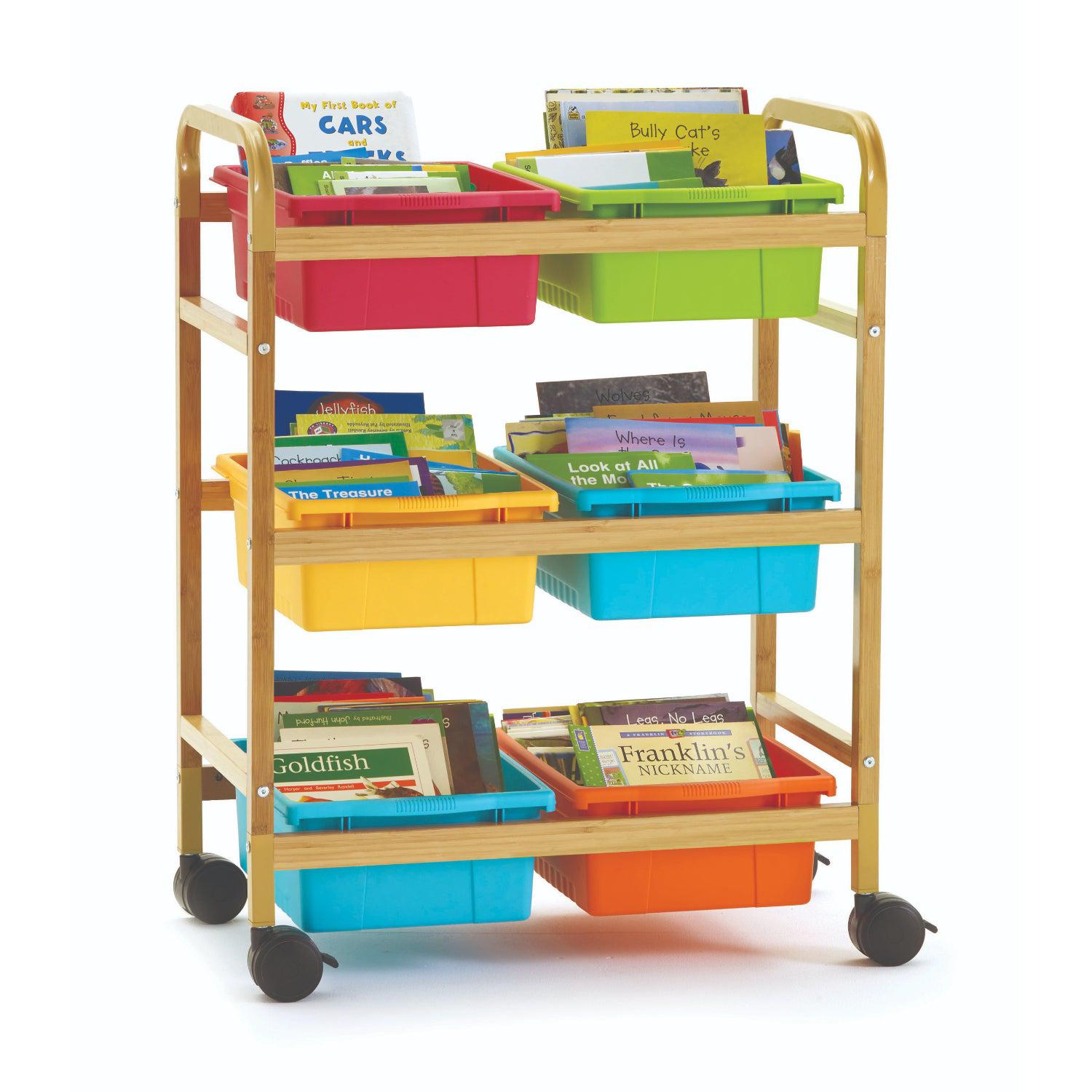 Copernicus Small Bamboo Book Browser Cart with Six Tubs, Vibrant Tub Combo