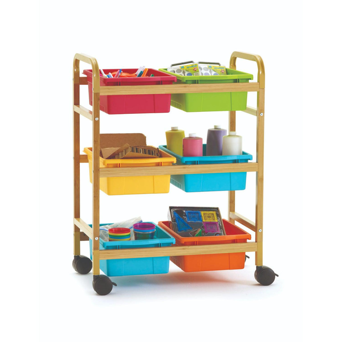 Copernicus Small Bamboo Book Browser Cart with Six Tubs, Vibrant Tub Combo