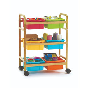 Small Bamboo Book Browser Cart with Six Tubs, Vibrant Tub Combo