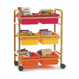 Small Bamboo Book Browser Cart with Six Tubs, Vibrant Warm Tub Combo