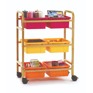 Small Bamboo Book Browser Cart with Six Tubs, Vibrant Warm Tub Combo