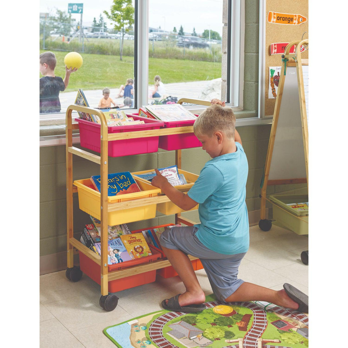 Small Bamboo Book Browser Cart with Six Tubs, Vibrant Warm Tub Combo