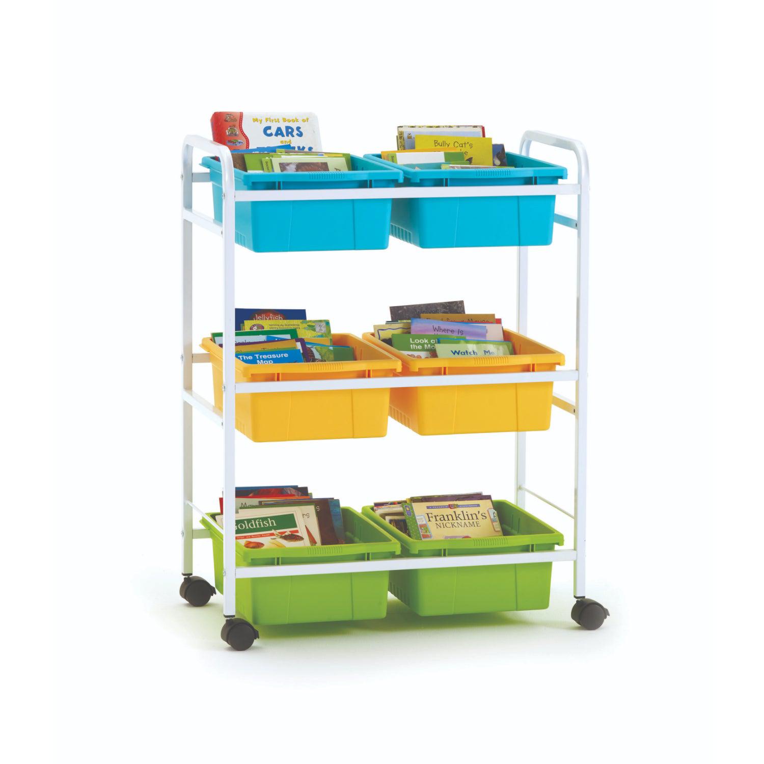 Small Book Browser Cart with Six Tubs, Vibrant Cool Tub Combo