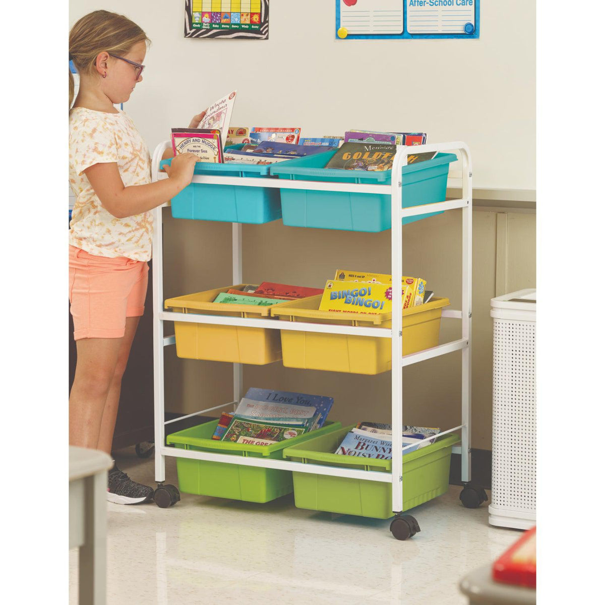 Small Book Browser Cart with Six Tubs, Vibrant Cool Tub Combo