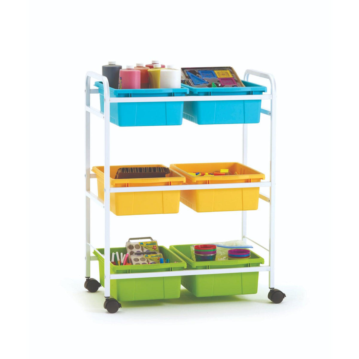 Small Book Browser Cart with Six Tubs, Vibrant Cool Tub Combo