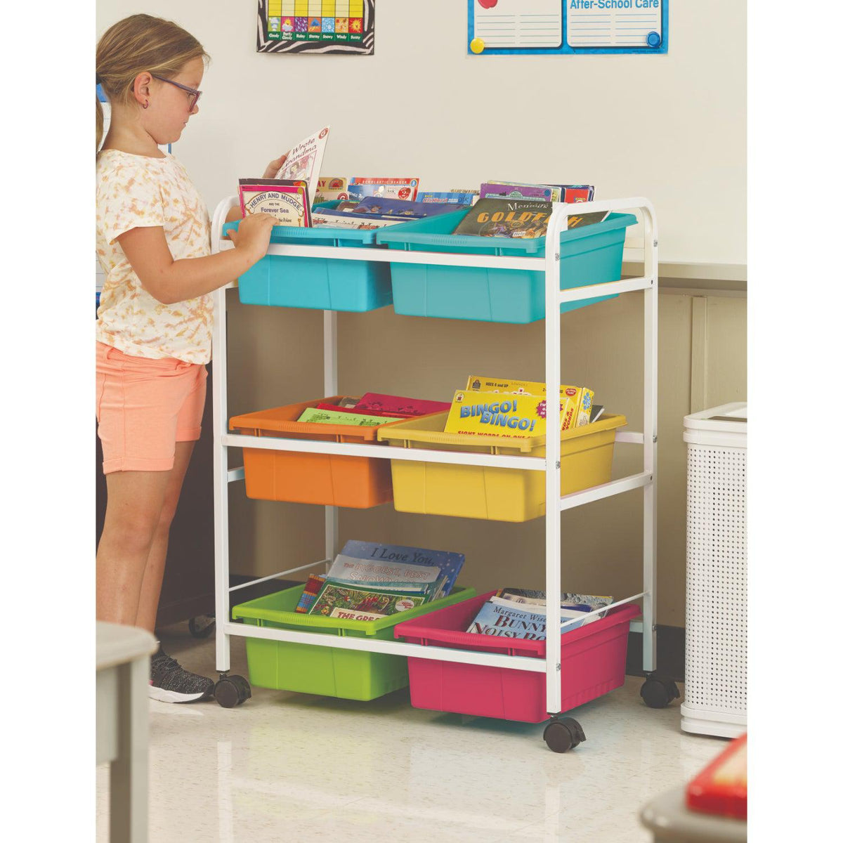 Small Book Browser Cart with Six Tubs, Vibrant Tub Combo