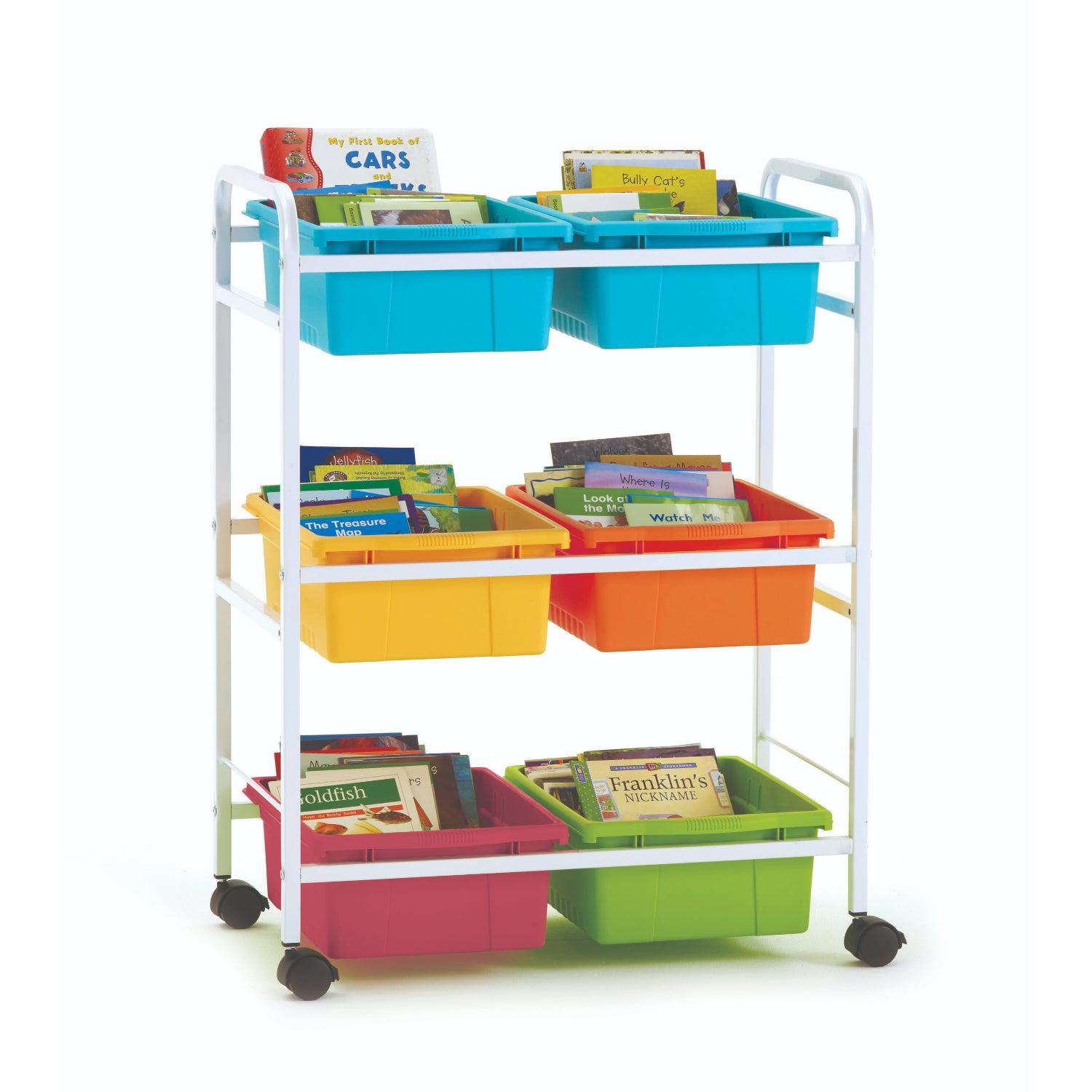 Small Book Browser Cart with Six Tubs, Vibrant Tub Combo