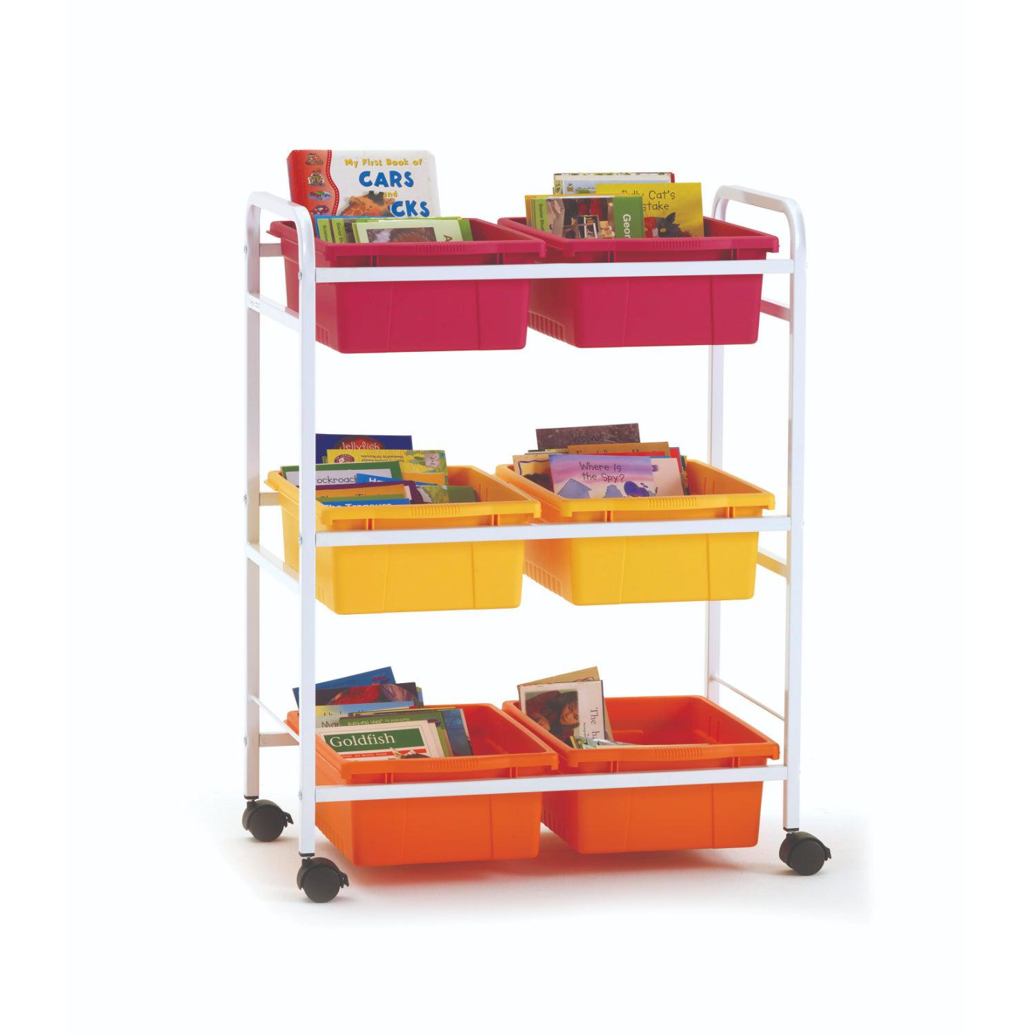 Small Book Browser Cart with Six Tubs, Vibrant Warm Tub Combo