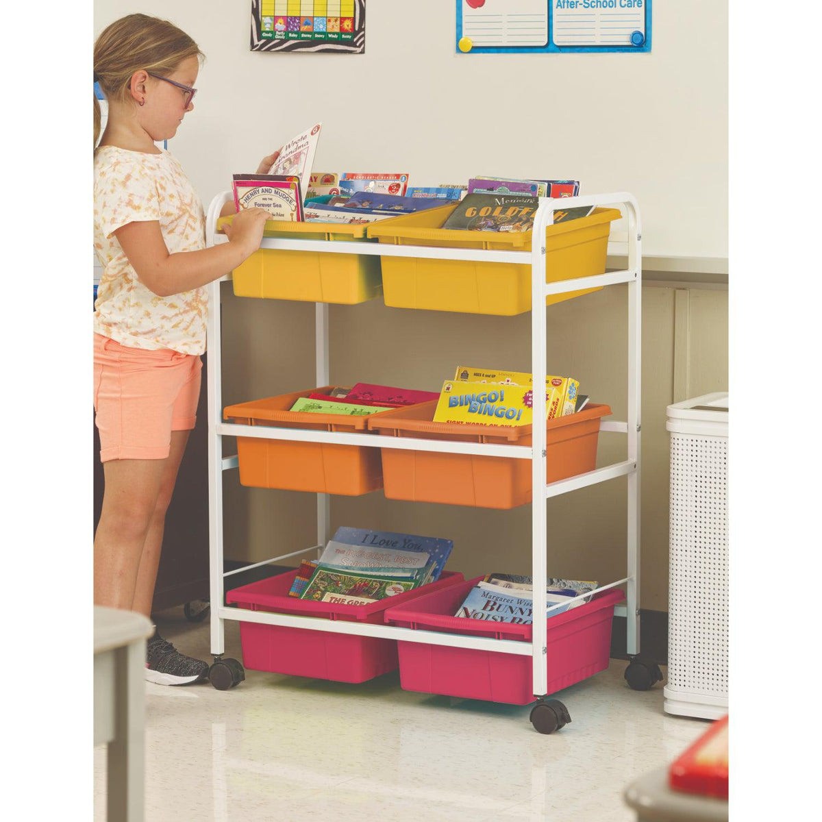 Small Book Browser Cart with Six Tubs, Vibrant Warm Tub Combo