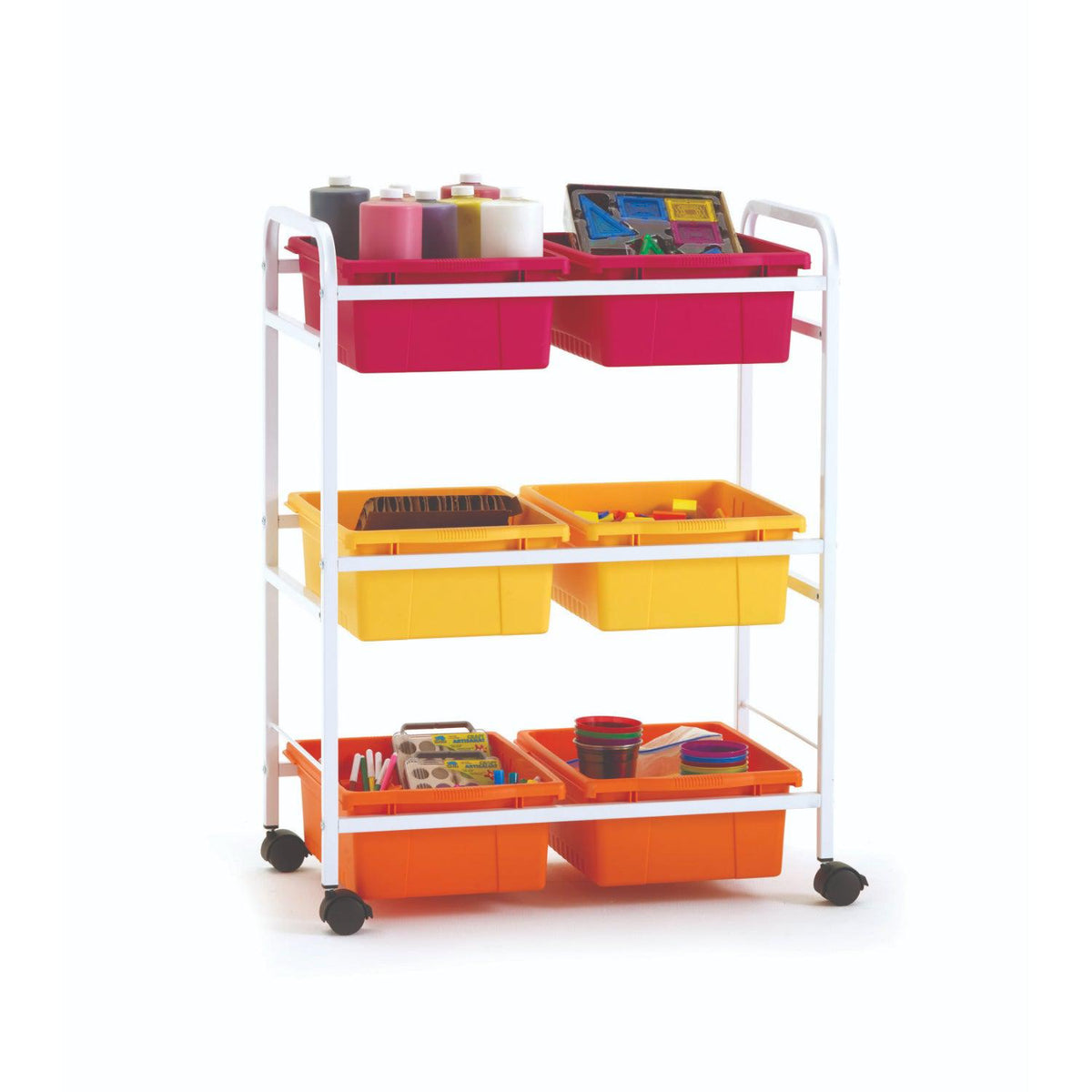 Small Book Browser Cart with Six Tubs, Vibrant Warm Tub Combo