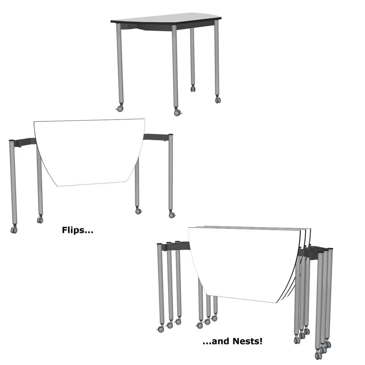 Muzo Tall Kite® Standing Height Mobile Dry-Erase Flip-Top Folding/Nesting Table, Boat End, 51" W x 29.5" D