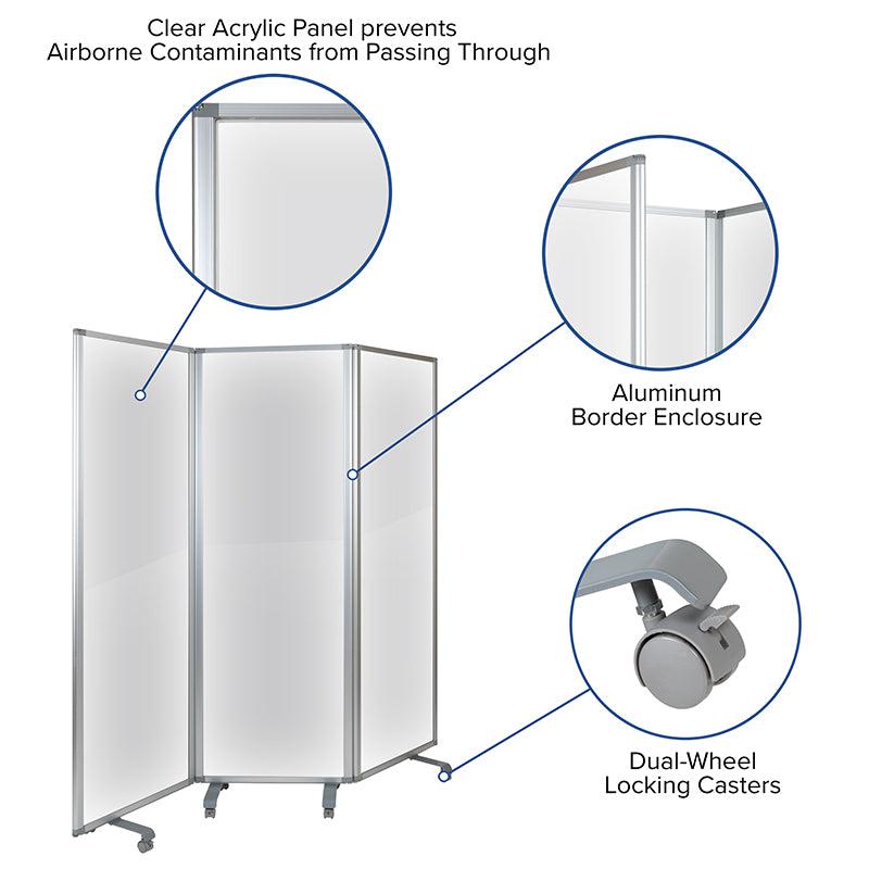 Transparent Acrylic 3-Section Folding Mobile Partition with Lockable Casters, 6' Long x 72" H