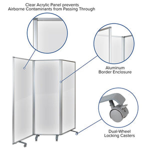 Transparent Acrylic 3-Section Folding Mobile Partition with Lockable Casters, 6' Long x 72" H