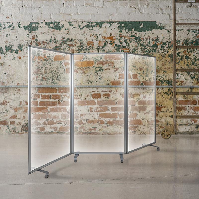 Transparent Acrylic 3-Section Folding Mobile Partition with Lockable Casters, 9' Long x 72" H