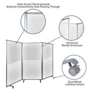 Transparent Acrylic 3-Section Folding Mobile Partition with Lockable Casters, 9' Long x 72" H