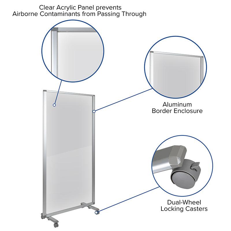 Transparent Acrylic Mobile Partition with Lockable Casters, 36" W x 72" H