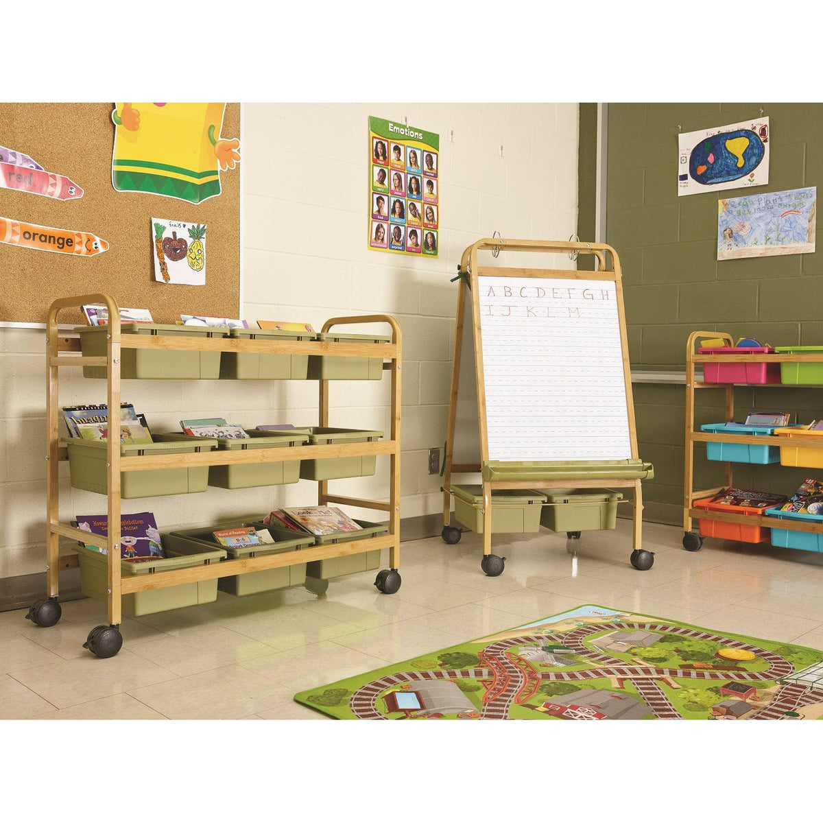 Bamboo Book Browser Cart with Nine Tubs, Sage Tubs